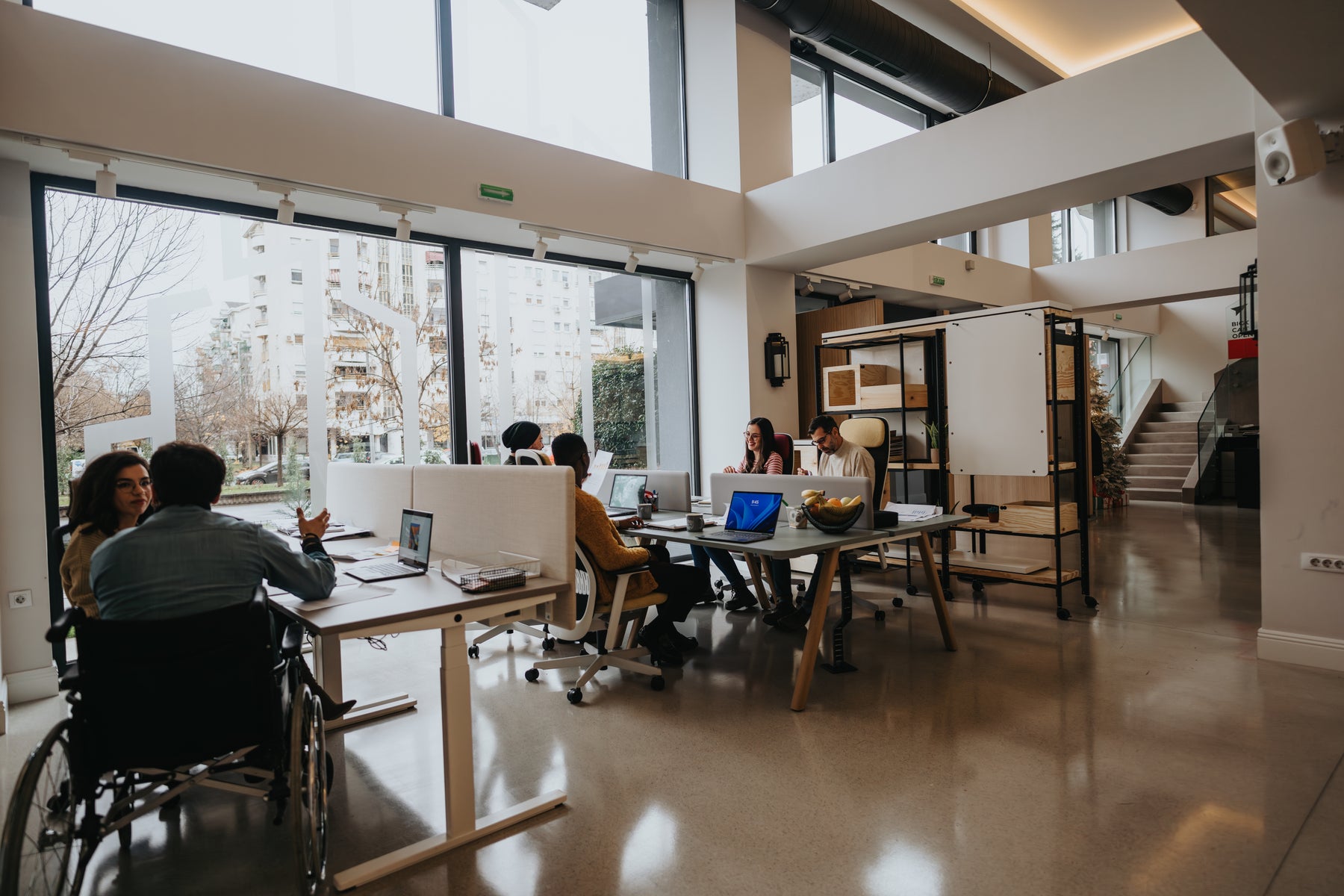 Refurbished office desks in workspace