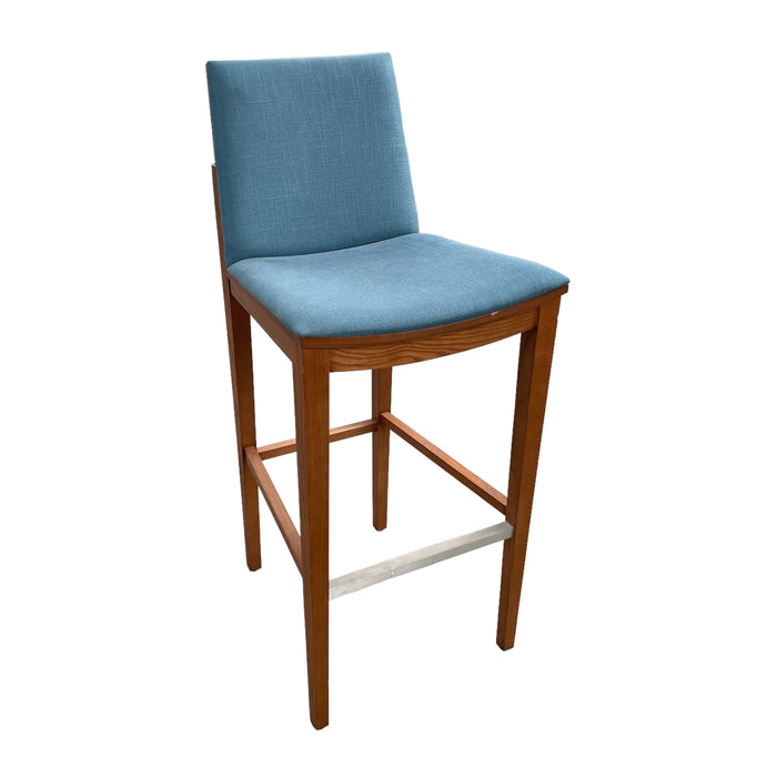 Refurbished Blue Upholstered Bar Stool with Wooden Legs