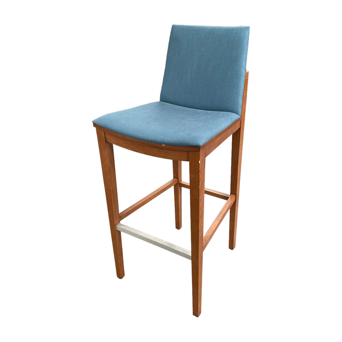 Refurbished Blue Upholstered Bar Stool with Wooden Legs