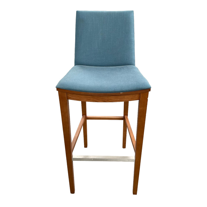 Refurbished Blue Upholstered Bar Stool with Wooden Legs