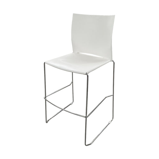 White Xpresso stacking stool with metal legs, from the side.