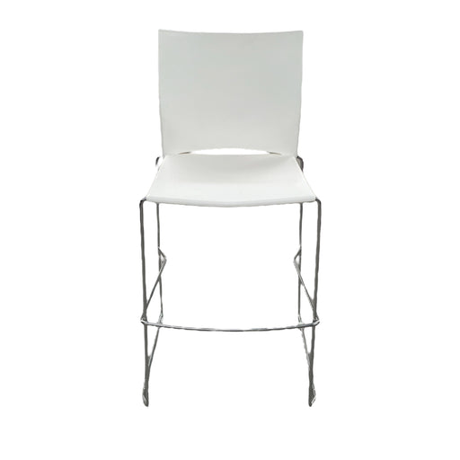 White Xpresso stacking stool with metal legs, from the front.