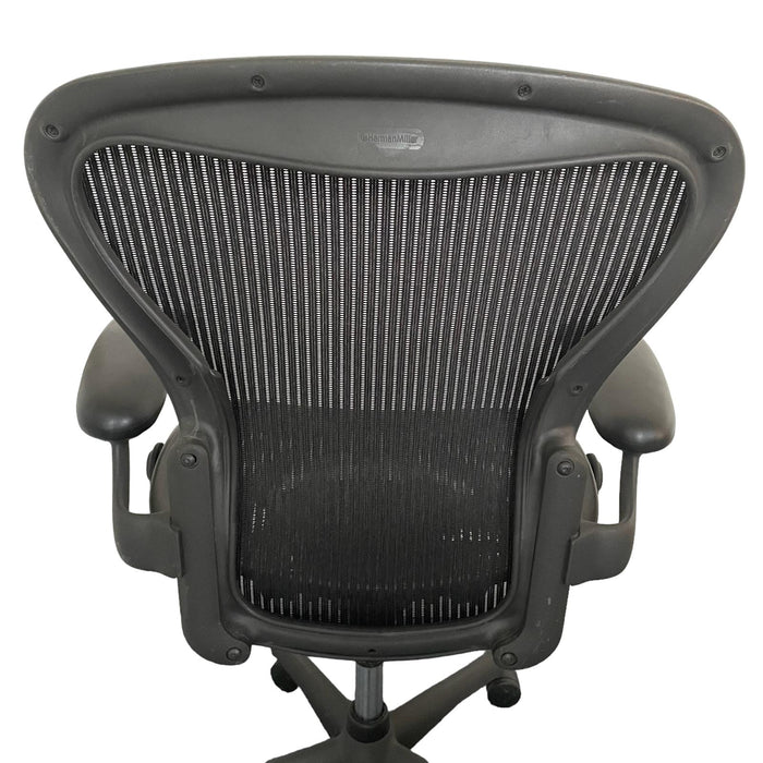 Close up of herman miller refurbished aeron chair.