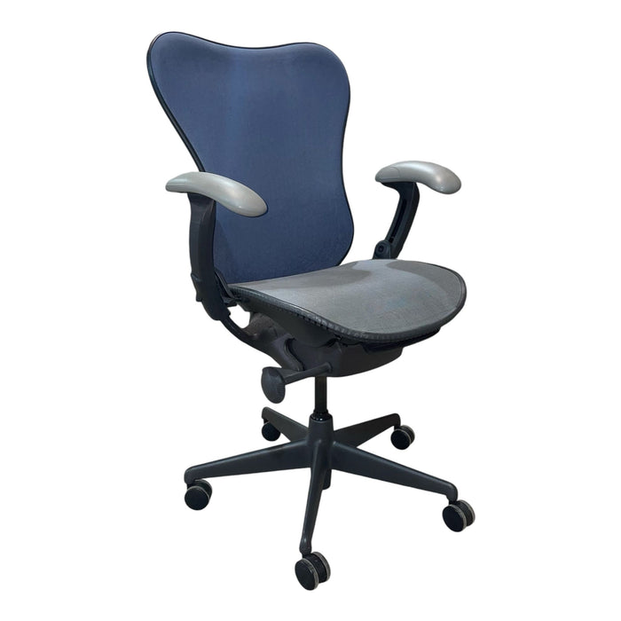 Herman miller mirra 2 chair in blue and grey.