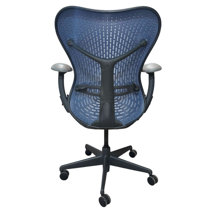 Herman miller mirra 2 chair in blue and grey.