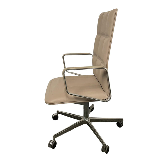 Taupe Walter Knoll office chair with 5 star base and wheels, from the side showing chrome arms.