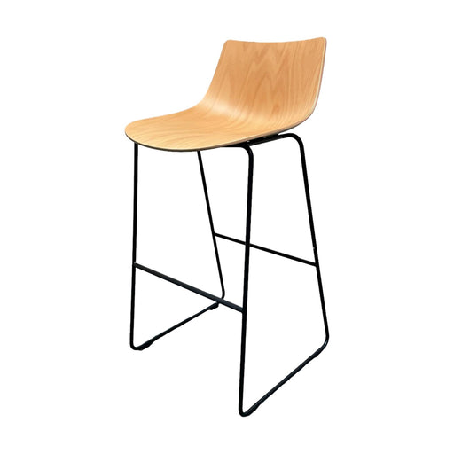 Allermuir wooden bar stool with slightly curved shell and black metal legs, from the side.